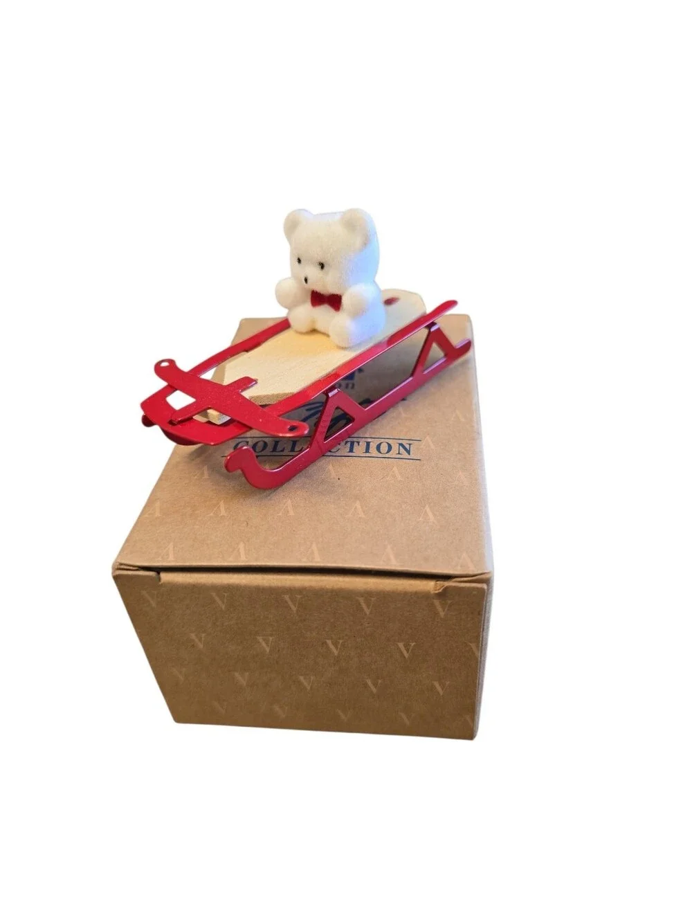 Vintage Avon Teddy on Sled Flocked Teddy Bear Collection Christmas Ornament